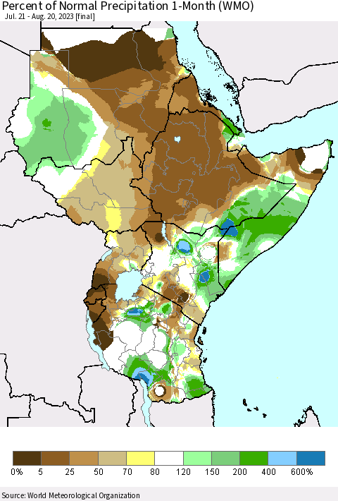 Eastern Africa Percent of Normal Precipitation 1-Month (WMO) Thematic Map For 7/21/2023 - 8/20/2023