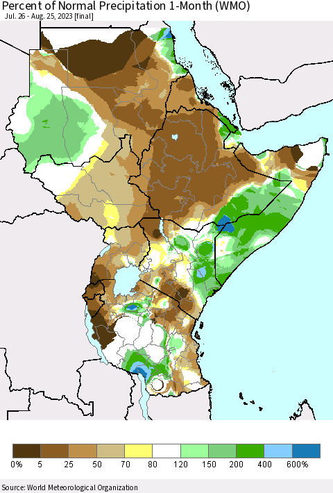 Eastern Africa Percent of Normal Precipitation 1-Month (WMO) Thematic Map For 7/26/2023 - 8/25/2023