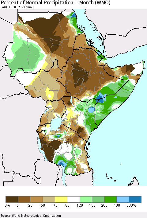Eastern Africa Percent of Normal Precipitation 1-Month (WMO) Thematic Map For 8/1/2023 - 8/31/2023