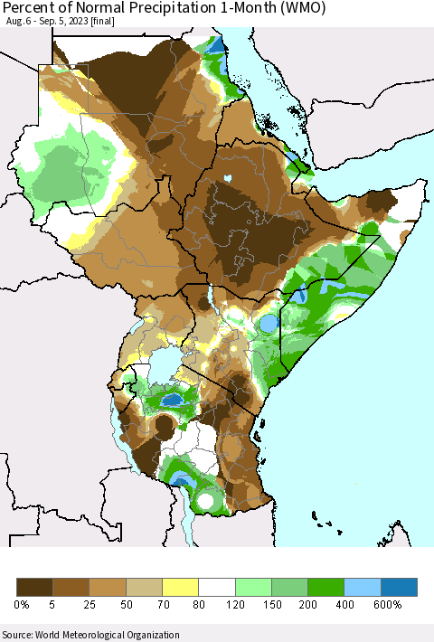 Eastern Africa Percent of Normal Precipitation 1-Month (WMO) Thematic Map For 8/6/2023 - 9/5/2023