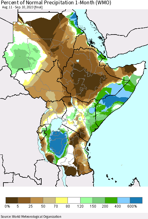 Eastern Africa Percent of Normal Precipitation 1-Month (WMO) Thematic Map For 8/11/2023 - 9/10/2023