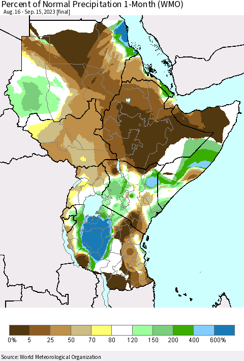 Eastern Africa Percent of Normal Precipitation 1-Month (WMO) Thematic Map For 8/16/2023 - 9/15/2023