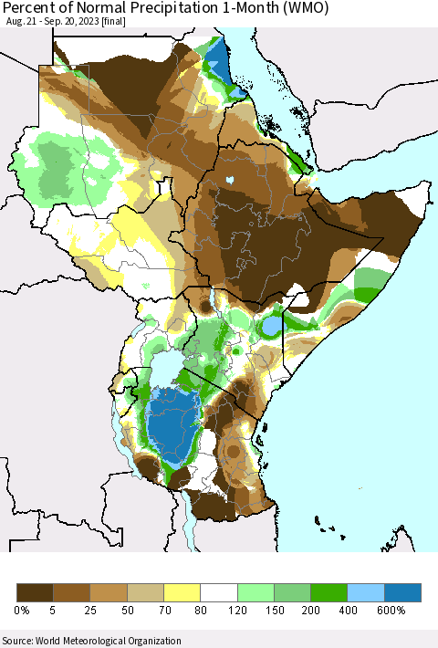 Eastern Africa Percent of Normal Precipitation 1-Month (WMO) Thematic Map For 8/21/2023 - 9/20/2023