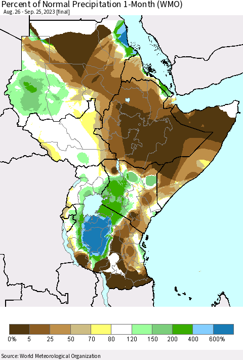 Eastern Africa Percent of Normal Precipitation 1-Month (WMO) Thematic Map For 8/26/2023 - 9/25/2023