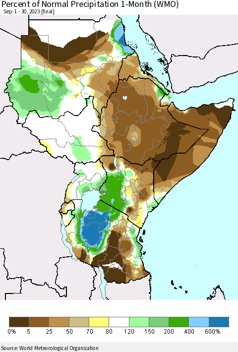 Eastern Africa Percent of Normal Precipitation 1-Month (WMO) Thematic Map For 9/1/2023 - 9/30/2023