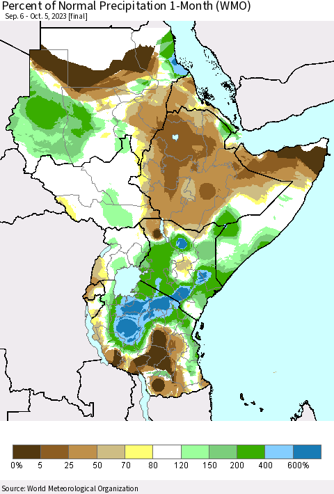 Eastern Africa Percent of Normal Precipitation 1-Month (WMO) Thematic Map For 9/6/2023 - 10/5/2023