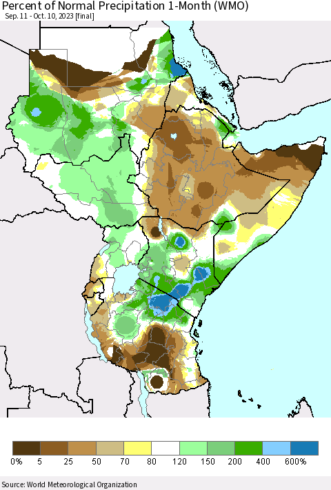 Eastern Africa Percent of Normal Precipitation 1-Month (WMO) Thematic Map For 9/11/2023 - 10/10/2023