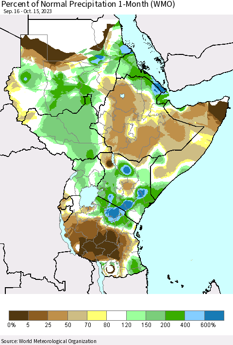 Eastern Africa Percent of Normal Precipitation 1-Month (WMO) Thematic Map For 9/16/2023 - 10/15/2023