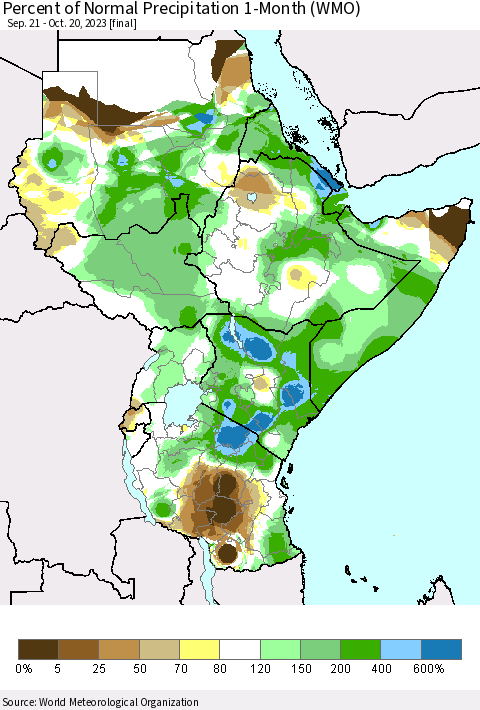 Eastern Africa Percent of Normal Precipitation 1-Month (WMO) Thematic Map For 9/21/2023 - 10/20/2023