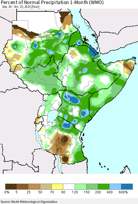 Eastern Africa Percent of Normal Precipitation 1-Month (WMO) Thematic Map For 9/26/2023 - 10/25/2023