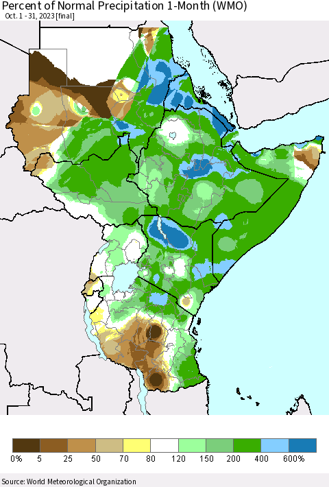 Eastern Africa Percent of Normal Precipitation 1-Month (WMO) Thematic Map For 10/1/2023 - 10/31/2023