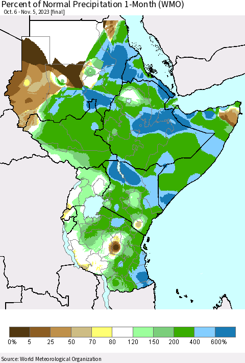 Eastern Africa Percent of Normal Precipitation 1-Month (WMO) Thematic Map For 10/6/2023 - 11/5/2023