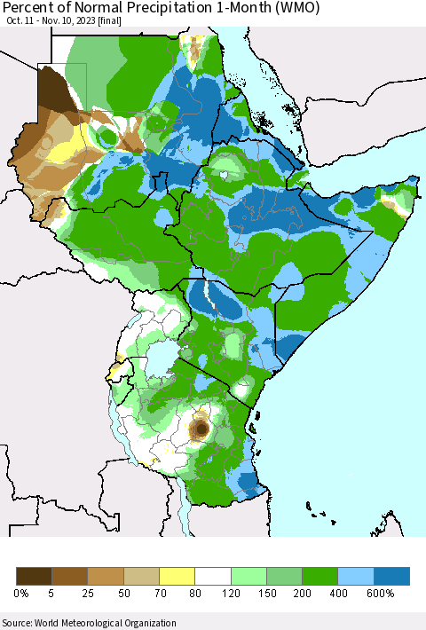 Eastern Africa Percent of Normal Precipitation 1-Month (WMO) Thematic Map For 10/11/2023 - 11/10/2023