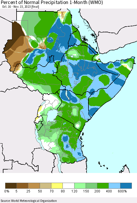 Eastern Africa Percent of Normal Precipitation 1-Month (WMO) Thematic Map For 10/16/2023 - 11/15/2023
