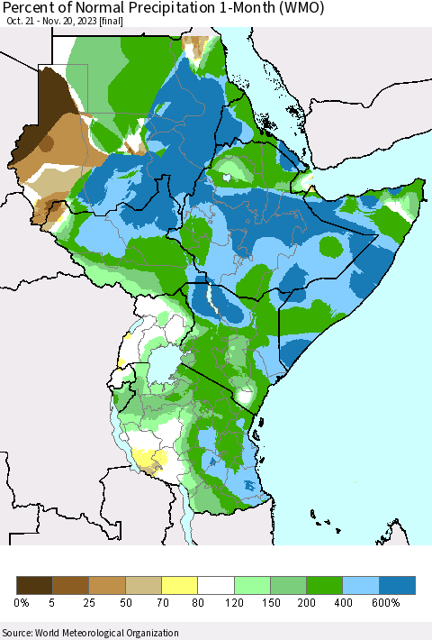 Eastern Africa Percent of Normal Precipitation 1-Month (WMO) Thematic Map For 10/21/2023 - 11/20/2023