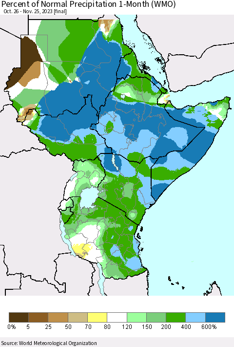 Eastern Africa Percent of Normal Precipitation 1-Month (WMO) Thematic Map For 10/26/2023 - 11/25/2023