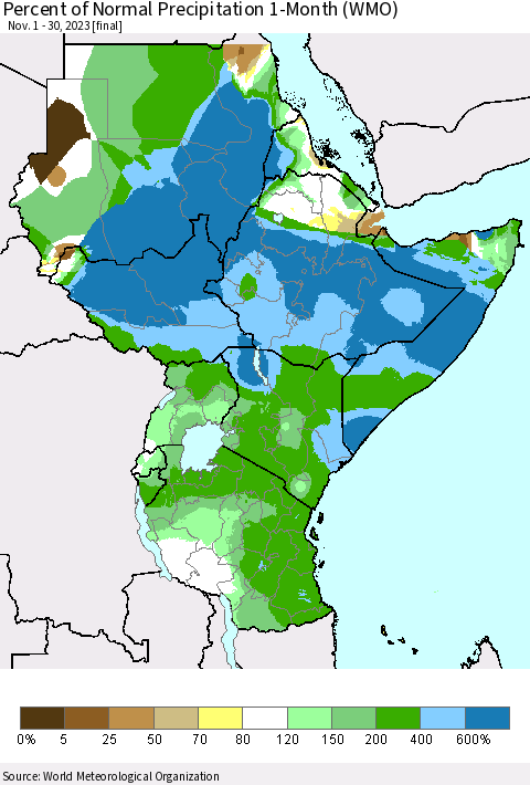 Eastern Africa Percent of Normal Precipitation 1-Month (WMO) Thematic Map For 11/1/2023 - 11/30/2023