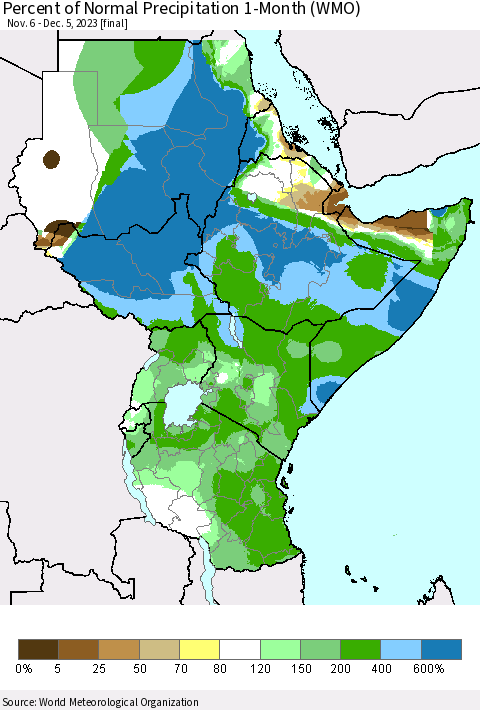 Eastern Africa Percent of Normal Precipitation 1-Month (WMO) Thematic Map For 11/6/2023 - 12/5/2023