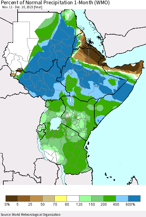 Eastern Africa Percent of Normal Precipitation 1-Month (WMO) Thematic Map For 11/11/2023 - 12/10/2023