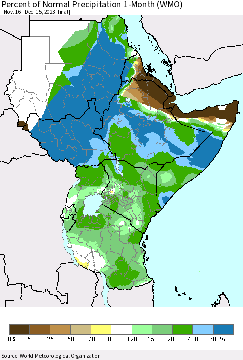 Eastern Africa Percent of Normal Precipitation 1-Month (WMO) Thematic Map For 11/16/2023 - 12/15/2023