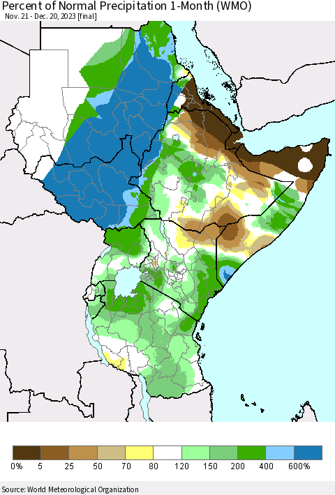Eastern Africa Percent of Normal Precipitation 1-Month (WMO) Thematic Map For 11/21/2023 - 12/20/2023