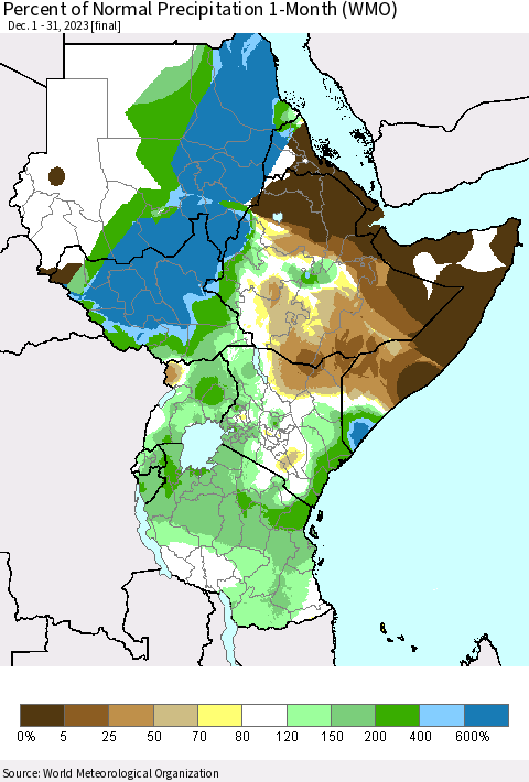 Eastern Africa Percent of Normal Precipitation 1-Month (WMO) Thematic Map For 12/1/2023 - 12/31/2023