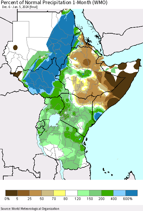 Eastern Africa Percent of Normal Precipitation 1-Month (WMO) Thematic Map For 12/6/2023 - 1/5/2024