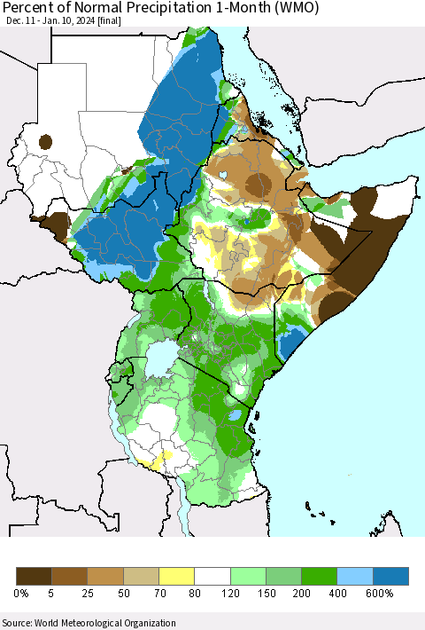 Eastern Africa Percent of Normal Precipitation 1-Month (WMO) Thematic Map For 12/11/2023 - 1/10/2024
