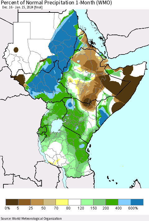 Eastern Africa Percent of Normal Precipitation 1-Month (WMO) Thematic Map For 12/16/2023 - 1/15/2024