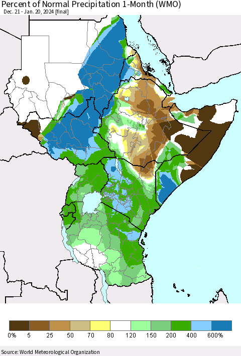 Eastern Africa Percent of Normal Precipitation 1-Month (WMO) Thematic Map For 12/21/2023 - 1/20/2024