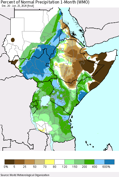 Eastern Africa Percent of Normal Precipitation 1-Month (WMO) Thematic Map For 12/26/2023 - 1/25/2024