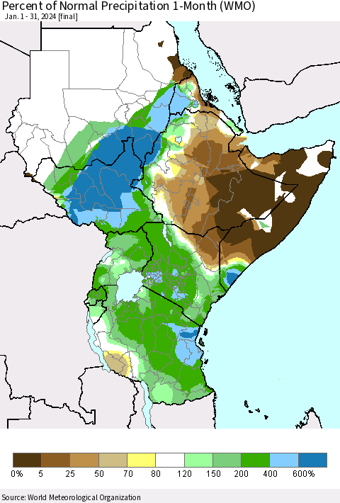 Eastern Africa Percent of Normal Precipitation 1-Month (WMO) Thematic Map For 1/1/2024 - 1/31/2024