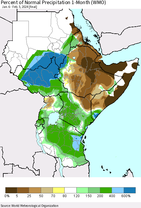 Eastern Africa Percent of Normal Precipitation 1-Month (WMO) Thematic Map For 1/6/2024 - 2/5/2024