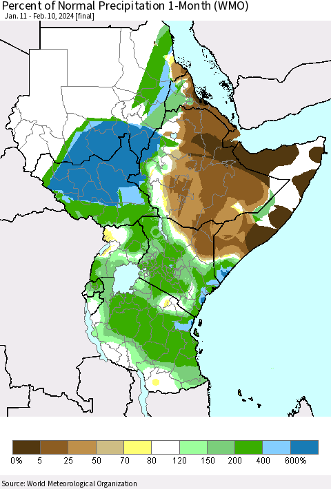 Eastern Africa Percent of Normal Precipitation 1-Month (WMO) Thematic Map For 1/11/2024 - 2/10/2024