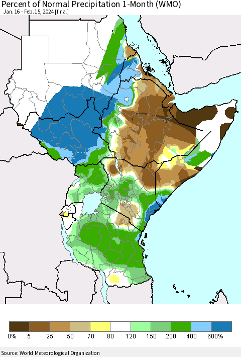 Eastern Africa Percent of Normal Precipitation 1-Month (WMO) Thematic Map For 1/16/2024 - 2/15/2024