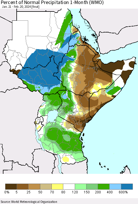 Eastern Africa Percent of Normal Precipitation 1-Month (WMO) Thematic Map For 1/21/2024 - 2/20/2024
