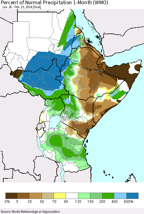 Eastern Africa Percent of Normal Precipitation 1-Month (WMO) Thematic Map For 1/26/2024 - 2/25/2024