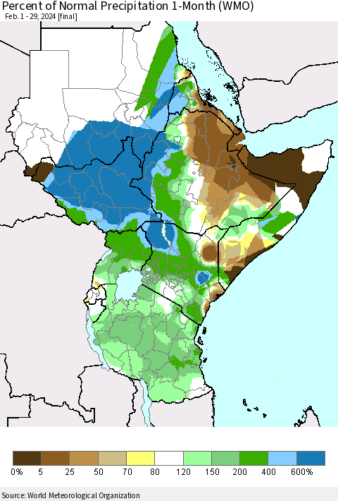 Eastern Africa Percent of Normal Precipitation 1-Month (WMO) Thematic Map For 2/1/2024 - 2/29/2024