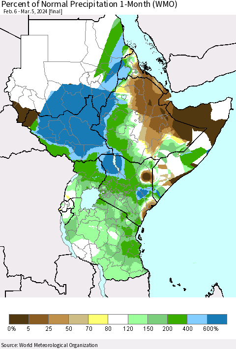 Eastern Africa Percent of Normal Precipitation 1-Month (WMO) Thematic Map For 2/6/2024 - 3/5/2024