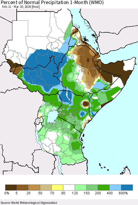 Eastern Africa Percent of Normal Precipitation 1-Month (WMO) Thematic Map For 2/11/2024 - 3/10/2024