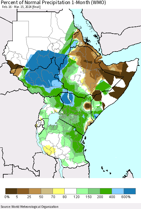 Eastern Africa Percent of Normal Precipitation 1-Month (WMO) Thematic Map For 2/16/2024 - 3/15/2024