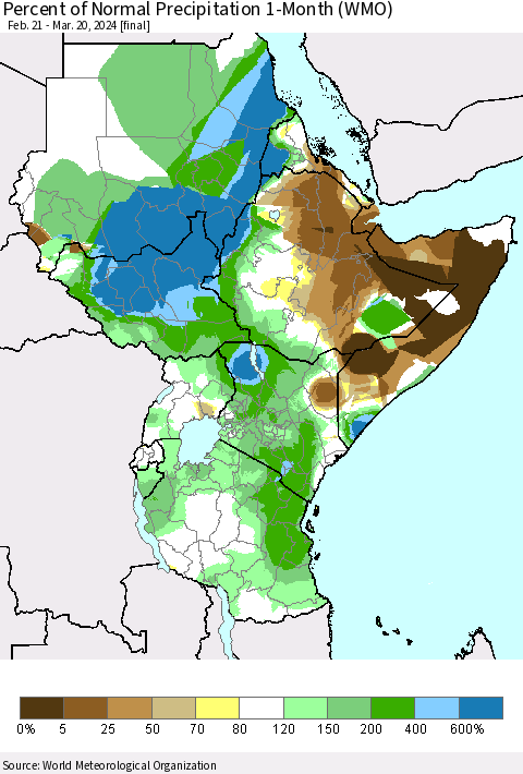 Eastern Africa Percent of Normal Precipitation 1-Month (WMO) Thematic Map For 2/21/2024 - 3/20/2024