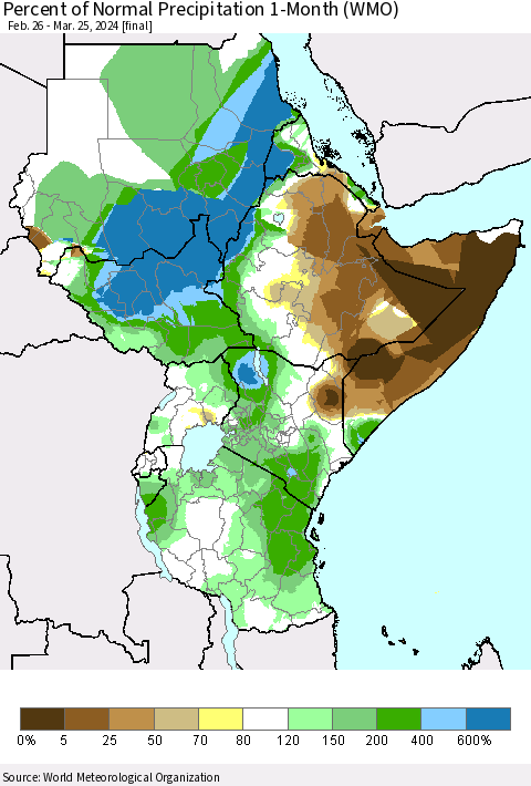Eastern Africa Percent of Normal Precipitation 1-Month (WMO) Thematic Map For 2/26/2024 - 3/25/2024