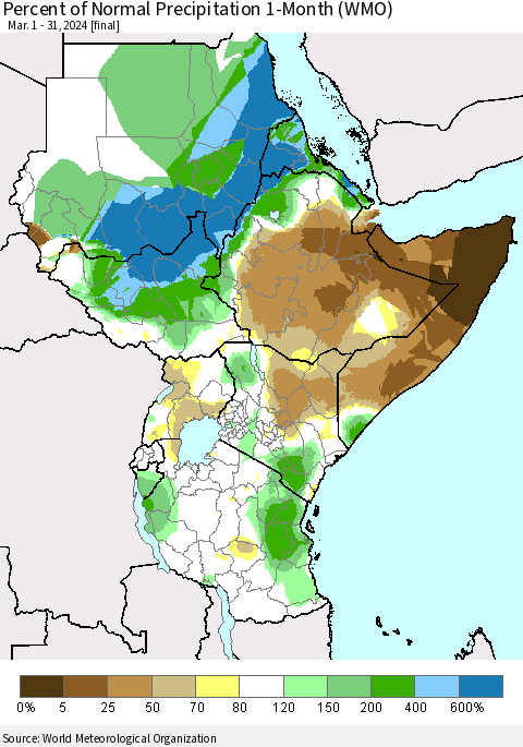Eastern Africa Percent of Normal Precipitation 1-Month (WMO) Thematic Map For 3/1/2024 - 3/31/2024