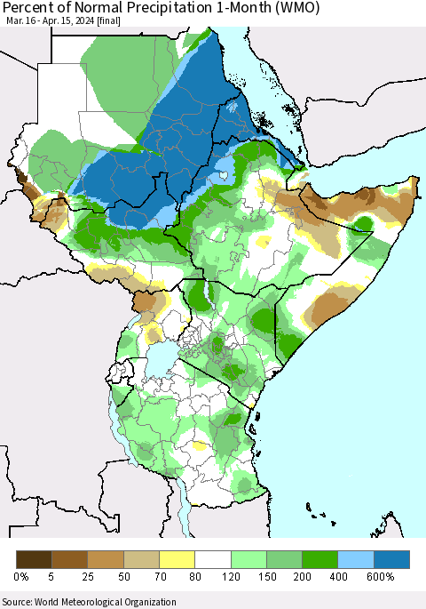 Eastern Africa Percent of Normal Precipitation 1-Month (WMO) Thematic Map For 3/16/2024 - 4/15/2024