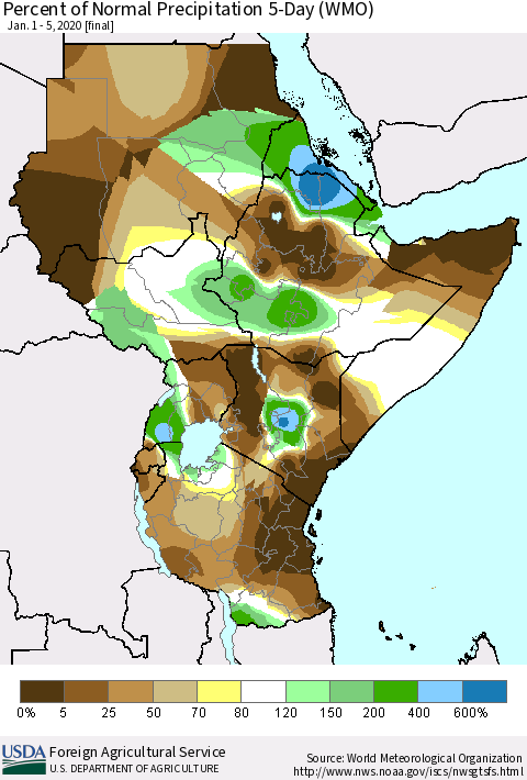Eastern Africa Percent of Normal Precipitation 5-Day (WMO) Thematic Map For 1/1/2020 - 1/5/2020