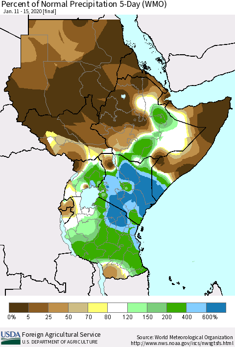 Eastern Africa Percent of Normal Precipitation 5-Day (WMO) Thematic Map For 1/11/2020 - 1/15/2020