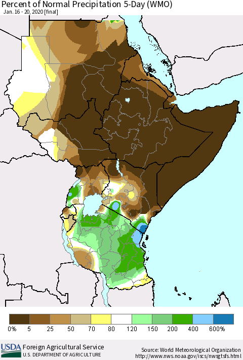 Eastern Africa Percent of Normal Precipitation 5-Day (WMO) Thematic Map For 1/16/2020 - 1/20/2020