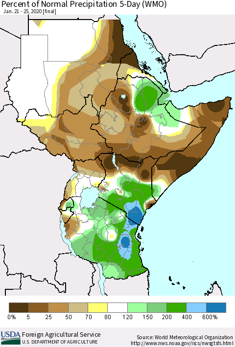 Eastern Africa Percent of Normal Precipitation 5-Day (WMO) Thematic Map For 1/21/2020 - 1/25/2020