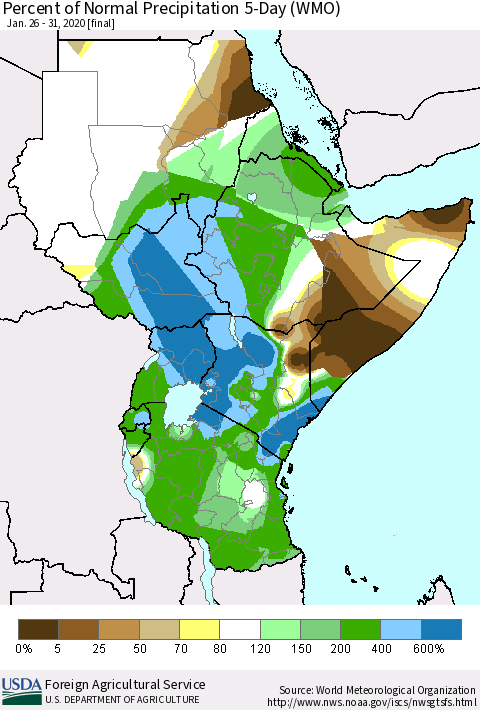 Eastern Africa Percent of Normal Precipitation 5-Day (WMO) Thematic Map For 1/26/2020 - 1/31/2020